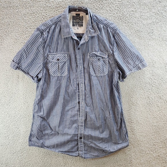 Buffalo David Bitton Shirt Men's XL Blue Striped 100% Cotton Collared Button-Up - Picture 1 of 14